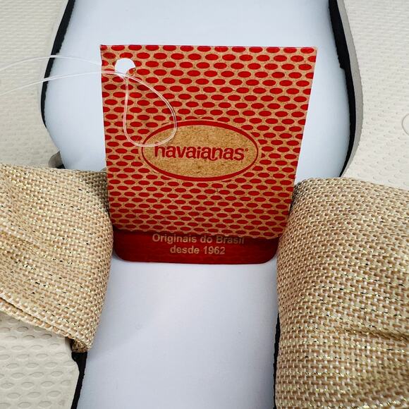Havaianas You St. Tropez Shine Gold Denim Tan Bow Flip Flop Thong Sandals - Picture 3 of 10